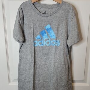 Adidas Gray Short Sleeve T-Shirt With Light Blue 3 Stripe Logo, Size Small